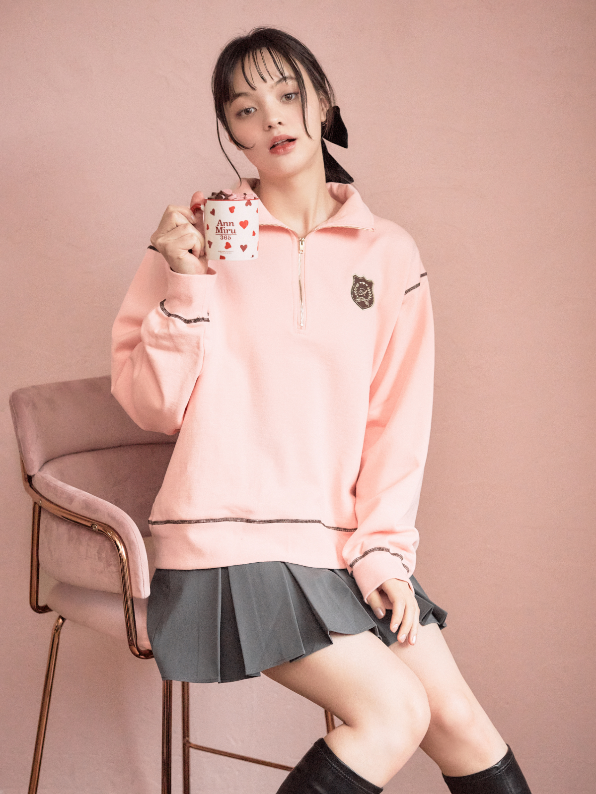 AnnMiru エンブレム ハーフジップ スウェット ピンク エンブレムハーフジップスウェット – AnnMiru